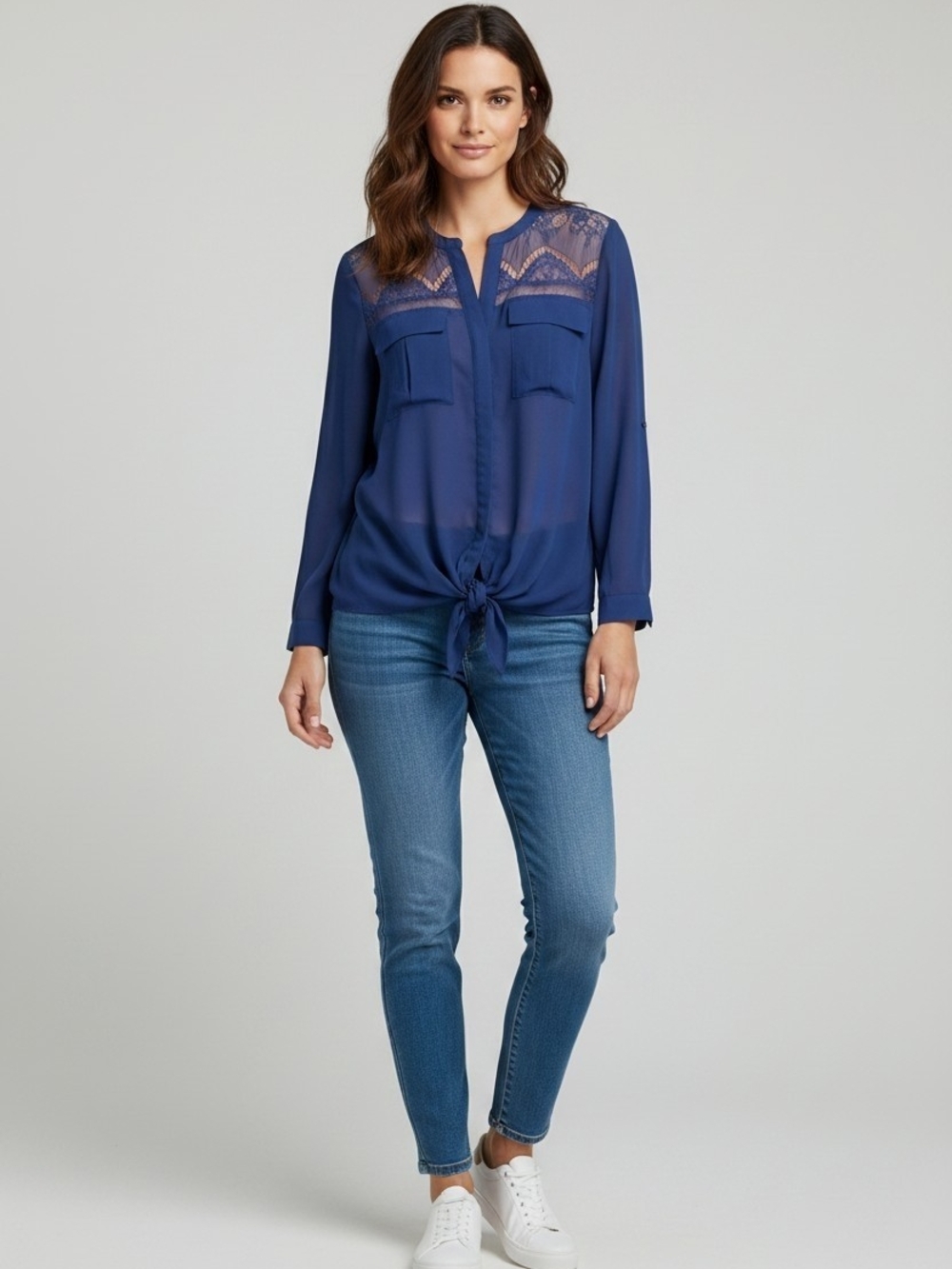 Blue Lace Sheer Tie Front Blouse Women’s Medium Long Sleeve Chiffon Boho Top